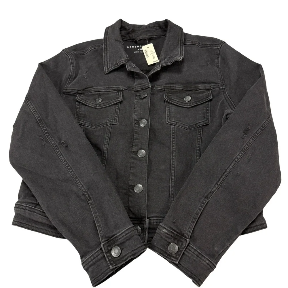 Aeropostale Mens Black Distressed Denim Trucker Jacket XXL 7834-001 New
